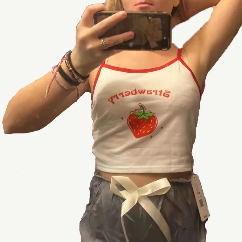 kawaii Baby Tee Vintage Street Women strawberry Graphics Print Grunge T-shirt Y2k Clothes Aesthetic Cute Slim Crop T